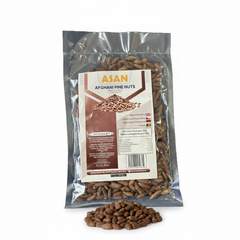 200g package of premium Afghani Black Pine Nuts (Chilgoza) from AsanShop, a luxury dry fruit sourced for the European market.