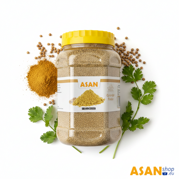 Finely ground Afghan Koriander spice powder in a resealable bag on AsanShop Germany