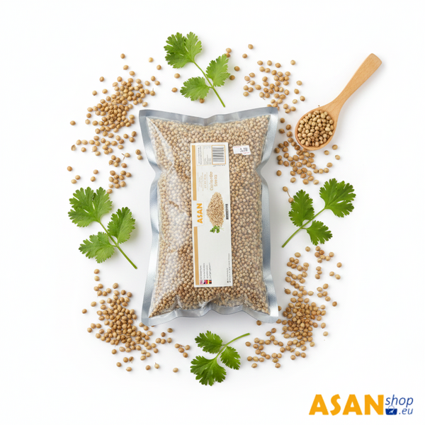 Whole golden-brown Afghan Koriandersamen spice in a resealable bag on AsanShop Germany