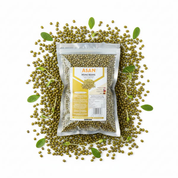 Close-up of vibrant, high-quality whole green mung beans showcasing uniform size and unpolished natural texture.